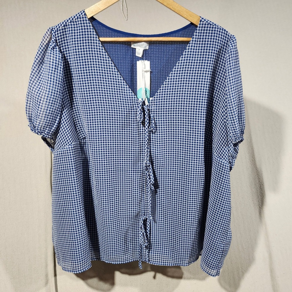 Market & Spruce Daphne Chiffon Tie Front Blouse Navy Gingham Women 3X NEW Boho